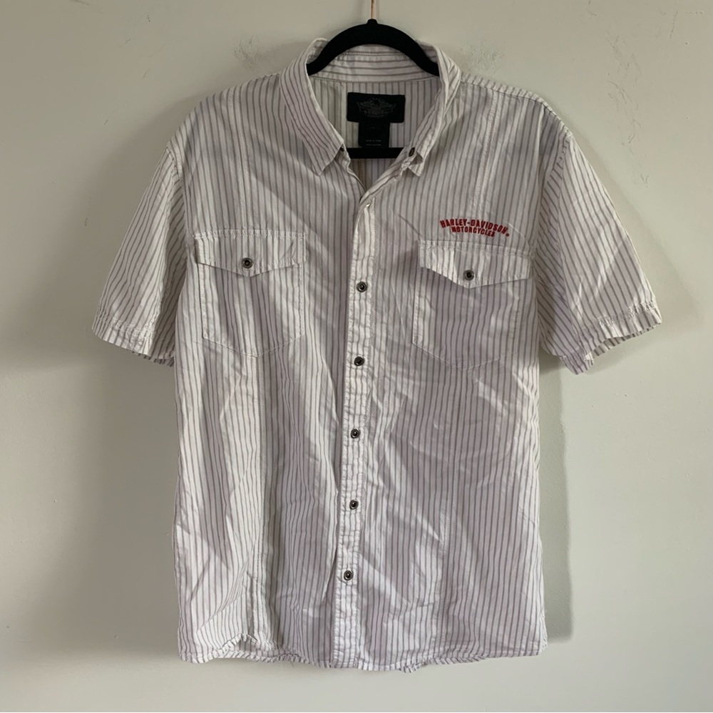 Harley Davidson Embroidered Appliqué Letters Short Sleeve Button Up Size L